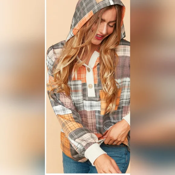 Plus Rust Charcoal & Oatmeal Plaid Patchwork Waffle Color Block Hoodie - Picture 4 of 5